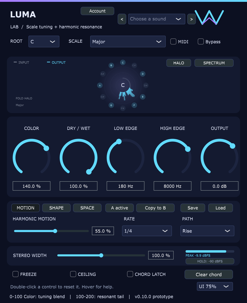 Luma plugin interface with scale selection, circular Fold Halo, color controls and harmonic motion